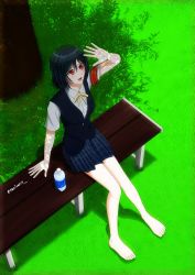 Rule 34 | 1girl, aqua shirt, armband, artist name, artist request, bare legs, barefoot, black hair, black skirt, black vest, blue hair, bottle, bow, bowtie, breasts, buttons, checkered clothes, checkered skirt, collared shirt, dark blue hair, dark green hair, feet, full body, grass, hair between eyes, hair bow, hair ribbon, highres, looking at viewer, love live!, love live! nijigasaki high school idol club, mifune shioriko, miniskirt, neck ribbon, nijigasaki school uniform, orange eyes, parted lips, plaid, plaid skirt, pleated, pleated skirt, red armband, red eyes, ribbon, school uniform, shirt, short hair, short sleeves, sitting, skirt, small breasts, smile, solo, sweater vest, vest, water bottle, white shirt, yellow bow, yellow ribbon