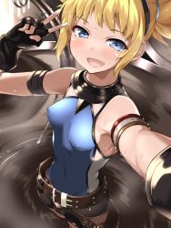 Rule 34 | 10s, 1girl, armpits, bare shoulders, batsu, belt, black gloves, blonde hair, blue eyes, blush, breasts, covered erect nipples, covered navel, fang, fingerless gloves, fzng, gloves, granblue fantasy, looking at viewer, partially submerged, pengie, reaching, reaching towards viewer, selfie, short hair, small breasts, solo, v