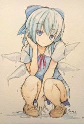 Rule 34 | 1girl, bad id, bad pixiv id, between legs, blue eyes, blue hair, blush, bow, cirno, gradient background, hair bow, ice, ice wings, looking at viewer, maremay0513, matching hair/eyes, melting, painting (medium), shoes, solo, squatting, touhou, traditional media, watercolor (medium), wings
