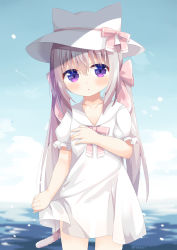 Rule 34 | 1girl, :o, animal ears, animal hat, blue sky, blurry, blurry background, blush, bow, cat ears, cat girl, cat hat, cat tail, cloud, collarbone, commentary request, day, depth of field, dress, fake animal ears, grey hair, hair between eyes, hair bow, hat, highres, long hair, nakkar, original, outdoors, parted lips, pink bow, puffy short sleeves, puffy sleeves, purple eyes, sailor collar, sailor dress, short sleeves, sky, solo, tail, twintails, twitter username, very long hair, water, white dress, white hat, white sailor collar
