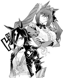 Rule 34 | 2girls, animal ears, bow, bowtie, breasts, center frills, cleavage, closed mouth, collar, crop top, cropped jacket, cropped torso, crossed arms, daiwa scarlet (umamusume), epaulettes, fang, frills, frown, greyscale, hair intakes, hair over one eye, highres, horse ears, jacket, jewelry, juliet sleeves, large breasts, long hair, long sleeves, looking at viewer, low ponytail, millennium puzzle, monochrome, multiple girls, navel, necklace, ni kogori, open clothes, open jacket, puffy sleeves, shirt, small breasts, takahashi kazuki (style), tiara, twintails, umamusume, upper body, vodka (umamusume), yu-gi-oh!