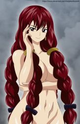 Rule 34 | 1girl, breasts, fairy tail, irene belserion, large breasts, long hair, looking at viewer, navel, nude, quad braids, red hair, scar, solo