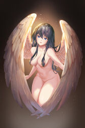 Rule 34 | 1girl, aesice, angel, angel wings, black hair, blue eyes, blush, breasts, completely nude, convenient censoring, feathered wings, feathers, groin, hair between eyes, hair censor, hair over breasts, highres, large breasts, long hair, looking at viewer, navel, nude, original, parted lips, simple background, smile, solo, stomach, thighs, very long hair, white wings, wings