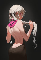 Rule 34 | 1girl, absurdres, ass, back, back focus, backless dress, backless outfit, bare back, black background, black bow, black bowtie, black dress, bow, bowtie, breasts, butt crack, dress, from behind, ghost, gradient background, grey hair, hands in hair, highres, lai dou laile 555, long hair, looking at viewer, low twintails, nijisanji, nijisanji en, no bra, no headwear, pink scarf, purple eyes, reimu endou, scarf, sleeveless, small breasts, solo, twintails, virtual youtuber