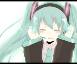 Rule 34 | bad id, bad pixiv id, closed eyes, green hair, hatsune miku, letterboxed, long hair, mono (recall), necktie, solo, twintails, vocaloid