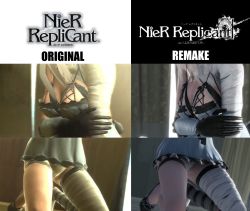 Rule 34 | 1girl, asymmetrical legwear, breast reduction, bulge, cameltoe, censored, comparison, covered testicles, futanari, game console, implied castration, kaine (nier), nier, nier (series), panties, penis in panties, playstation 3, playstation 4, screencap, silver hair, skindentation, testicles, thighhighs, underwear, uneven legwear, upskirt