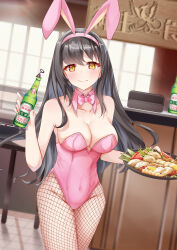 Rule 34 | 1girl, animal ears, bare arms, bare shoulders, black hair, bottle, bow, bowtie, breasts, brown eyes, cleavage, closed mouth, collar, collarbone, covered navel, detached collar, dutch angle, fake animal ears, food, groin, hair between eyes, hairband, highres, holding, holding bottle, holding plate, leotard, long hair, medium breasts, mutang, original, pink bow, pink bowtie, pink collar, pink hairband, pink leotard, plate, playboy bunny, rabbit ears, smile, solo, strapless, strapless leotard, very long hair, wing collar