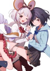 Rule 34 | 2girls, animal ears, black hair, black legwear, black skirt, blue jacket, bow, closed mouth, crop top, dual persona, fake animal ears, feb itk, frilled skirt, frills, granblue fantasy, hair ornament, hairclip, headband, heart, heart-shaped pillow, highres, holding, holding hands, jacket, long sleeves, looking at viewer, midriff, miniskirt, mouse (animal), mouse ears, multiple girls, navel, open mouth, pillow, red eyes, skirt, smile, tearing up, tears, vikala (granblue fantasy), white background, white hair, white legwear, white skirt