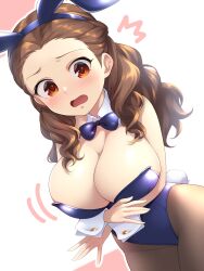 Rule 34 | 1girl, alternate breast size, animal ears, black necktie, blue bow, blue bowtie, blue leotard, bow, bowtie, breasts, brown hair, cleavage, commentary request, commission, cowboy shot, curly hair, detached collar, highres, idolmaster, idolmaster cinderella girls, large breasts, leotard, long hair, looking at viewer, necktie, pantyhose, pataneet, playboy bunny, rabbit ears, rabbit tail, red eyes, seki hiromi, skeb commission, solo, tail, wrist cuffs