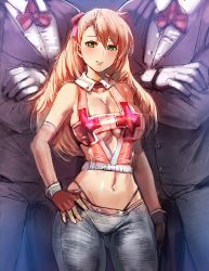 Rule 34 | 1girl, 2boys, blonde hair, blush, bow, bow (bhp), bowtie, breasts, cleavage, crop top, crossed arms, elbow gloves, fingerless gloves, formal, gloves, green eyes, hair bow, hand on own hip, height difference, large breasts, looking at viewer, midriff, multiple boys, navel, no bra, original, redrawn, size difference, smile, suit, underboob