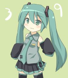 Rule 34 | 1girl, bad id, bad pixiv id, detached sleeves, fang, green eyes, green hair, hatsune miku, long hair, matching hair/eyes, mumumumu, necktie, ribbon, solo, thighhighs, twintails, very long hair, vocaloid, aged down