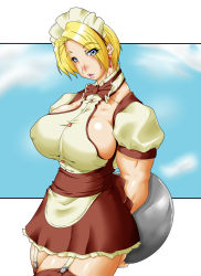 Rule 34 | 1girl, arms behind back, blonde hair, blue eyes, breasts, earrings, fatal fury, garter straps, huge breasts, ippatute-kinta, jewelry, king (snk), maid headdress, muscular, short hair, sideboob, solo, the king of fighters, thick thighs, thighhighs, thighs, tray, waitress