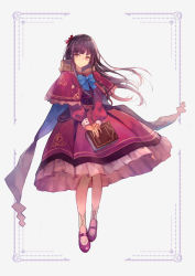 Rule 34 | 1girl, blue bow, blue bowtie, book, bow, bowtie, capelet, closed mouth, dress, floating hair, full body, grey background, highres, holding, holding book, kobuta, long hair, long sleeves, looking at viewer, original, purple hair, red capelet, red eyes, red footwear, shoes, simple background, solo, standing