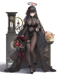 Rule 34 | 1girl, alternate costume, black bodysuit, black dress, blue archive, blush, bodysuit, bouquet, bridal gauntlets, bridal veil, cameltoe, candle, candlestand, clock, commentary, covered navel, detached sleeves, dress, flower, full body, grandfather clock, groin, hair flower, hair ornament, halo, highres, holding, holding bouquet, leviathan (hikinito0902), long hair, looking at viewer, o-ring, red eyes, red flower, red rose, rio (blue archive), rose, see-through bodysuit, skindentation, solo, straight hair, thigh gap, thigh strap, veil, very long hair