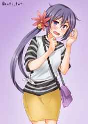 Rule 34 | 1girl, akebono (kancolle), alternate costume, anti (untea9), artist name, bell, blush, breasts, flower, gradient background, hair bell, hair between eyes, hair flower, hair ornament, highres, kantai collection, long hair, open mouth, pencil skirt, purple bag, purple eyes, purple hair, red flower, shirt, side ponytail, skirt, small breasts, striped clothes, striped shirt, sweatdrop, very long hair, yellow skirt