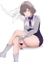 Rule 34 | 1girl, alcohol, blue eyes, breasts, cup, drinking glass, gagula, gloves, gridman universe, highres, holding, holding cup, large breasts, looking at viewer, mujina, necktie, shee-p (inemurisheep113), short hair, shorts, solo focus, ssss.dynazenon, thighs, white gloves, wine, wine glass