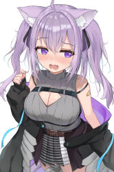 Rule 34 | 1girl, absurdres, ahoge, animal ear fluff, animal ears, bandaid, belt, black jacket, blush, breasts, brown belt, cat ears, cat girl, chest harness, cleavage, cleavage cutout, clothing cutout, cowboy shot, embarrassed, fang, hand up, harness, highres, holding, holding own hair, hololive, jacket, large breasts, long hair, looking to the side, nekomata okayu, nekomata okayu (8th costume), nose blush, official alternate costume, open mouth, playing with own hair, purple eyes, purple hair, raised eyebrows, removing jacket, ryamuchan, shirt, sidelocks, simple background, skin fang, sleeveless, sleeveless shirt, solo, twintails, virtual youtuber, wavy mouth, white background