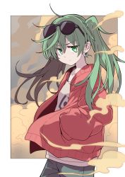 Rule 34 | 1girl, azumaya toushirou, commentary request, cowboy shot, earrings, eyewear on head, green eyes, green hair, hair between eyes, hands in pockets, hatsune miku, highres, jacket, jewelry, open clothes, open jacket, red jacket, sand, shirt, solo, suna no wakusei (vocaloid), sunglasses, twintails, vocaloid, white shirt