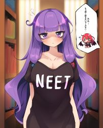 Rule 34 | 2girls, absurdres, alternate costume, bare shoulders, black shirt, blue bow, blunt bangs, blush, book, bookshelf, bow, breasts, chibi, chibi inset, cleavage, closed mouth, collarbone, commission, farrel kb, hair bow, highres, indoors, koakuma, large breasts, library, long hair, looking at viewer, multiple girls, off-shoulder shirt, off shoulder, patchouli knowledge, purple eyes, purple hair, red bow, shirt, sleepy, speech bubble, squeans, touhou, translation request
