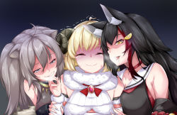 Rule 34 | 3girls, animal ears, biting, black hair, blonde hair, commentary request, drooling, false smile, finger biting, fingernails, gloom (expression), grey hair, highres, holding another&#039;s wrist, hololive, horns, licking, licking finger, lion ears, multiple girls, nervous smile, ookami mio, ookami mio (1st costume), saliva, shaded face, sharp fingernails, sheep horns, shishiro botan, shishiro botan (1st costume), smile, sweatdrop, tearing up, trembling, tsunomaki watame, tsunomaki watame (1st costume), virtual youtuber, wolf ears, zuo wei er