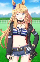 Rule 34 | 1girl, :d, animal ears, bandeau, black jacket, blonde hair, blue bow, blue eyes, blue sky, blurry, blurry background, blush, bow, breasts, chain, cleavage, collarbone, commentary request, cowboy shot, cutoffs, denim, denim shorts, ear bow, ear ornament, eyes visible through hair, gold chain, gold city (umamusume), grass, highres, horse ears, horse girl, jacket, kasumi uzuki, large breasts, long hair, long sleeves, looking at viewer, midriff, nail polish, navel, open clothes, open jacket, open mouth, outdoors, red nails, shorts, sidelocks, sky, smile, solo, standing, strapless, striped bandeau, swept bangs, tube top, umamusume