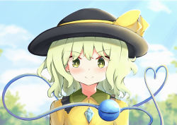 Rule 34 | 1girl, aqua hair, arms at sides, black hat, blue sky, blurry, blurry background, blush, bright pupils, cloud, collar, commentary, day, depth of field, frilled shirt collar, frills, green collar, green eyes, hat, hat ribbon, heart, heart of string, highres, komeiji koishi, light blush, looking at viewer, outdoors, ribbon, sachisudesu, shirt, short hair, sky, smile, solo, standing, third eye, touhou, tree, upper body, white pupils, yellow shirt