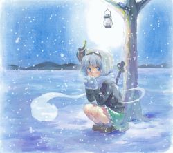 Rule 34 | 1girl, :o, animated, animated gif, bare tree, blue eyes, blush, bob cut, breath, coat, covering own mouth, frilled socks, frills, hair ribbon, hairband, hands on own face, hitodama, katana, konpaku youmu, lamp, lantern, long sleeves, looking at viewer, mary janes, mittens, mountain, nature, night, open mouth, outdoors, ribbon, scabbard, scarf, sheath, shoes, short hair, silver hair, skirt, sky, snow, snowing, socks, solo, squatting, sword, touhou, traditional media, tree, tsumimitsu, weapon, white socks, winter, winter clothes