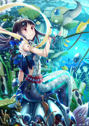 Rule 34 | 1girl, absurdres, arm support, arm up, armlet, artist name, bubble, cave, clam, coral, fingerless gloves, fish, floating hair, gem, gloves, highres, light particles, ling si, long hair, looking to the side, looking up, mermaid, monster girl, original, pearl (gemstone), plant, purple eyes, purple hair, scales, sitting, smile, solo, stingray, surgeonfish, tiara, tropical fish, underwater