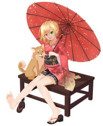 Rule 34 | 1girl, absurdres, barefoot, blonde hair, braid, charlotte ferrier, feet, green eyes, heterochromia, highres, japanese clothes, long hair, looking at viewer, open mouth, red eyes, shironeko project, shoes, unworn shoes, single shoe, sitting, soles, toes, umbrella