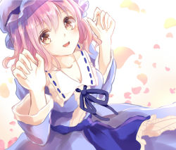 Rule 34 | 1girl, blue dress, breasts, cleavage, collarbone, dress, gradient background, hat, kashiwagi chisame, long sleeves, looking at viewer, mob cap, open mouth, petals, pink eyes, pink hair, saigyouji yuyuko, sash, smile, solo, touhou, wide sleeves