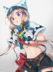 Rule 34 | 1girl, :o, arknights, belt, black shorts, brown belt, capelet, cardigan (arknights), cardigan (cheerful guardian) (arknights), commentary, cowboy shot, crop top, gloves, grey background, grey hair, hair ornament, highres, holding, holly hair ornament, long hair, looking at viewer, midriff, navel, official alternate costume, open mouth, purple eyes, short shorts, shorts, snowflake print, solo, standing, stomach, white capelet, white gloves, white headwear, yukanomokume