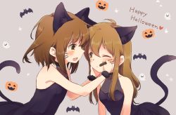 Rule 34 | 10s, 2girls, :d, alternate costume, alternate hairstyle, animal ears, bare arms, bare shoulders, brown eyes, cat ears, cat tail, drawing on another&#039;s face, facial mark, hair down, halloween, halloween costume, happy halloween, ikazuchi (kancolle), inazuma (kancolle), kantai collection, long hair, moca blanc, multiple girls, one eye closed, open mouth, short hair, smile, tail, whisker markings