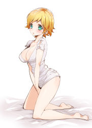 Rule 34 | 1girl, barefoot, bed sheet, blonde hair, blue eyes, blush, breasts, cleavage, hospital gown, kneeling, large breasts, looking at viewer, osuro namishi, resident evil, resident evil 2, resident evil 6, sherry birkin, short hair, solo, strap gap, tareme, v arms