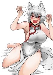 Rule 34 | 1girl, :d, alternate costume, animal ears, bare arms, bare legs, bare shoulders, barefoot, blush, breasts, china dress, chinese clothes, claw pose, covered navel, dress, grey hair, growling, heiseikorotaisei, inubashiri momiji, large breasts, looking at viewer, open mouth, pelvic curtain, red eyes, short hair, sideboob, smile, solo, tail, touhou, white dress, wolf ears, wolf tail
