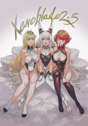 Rule 34 | 3girls, adapted costume, animal ears, bed, blonde hair, breasts, cat ears, character doll, chest jewel, cleavage cutout, clothing cutout, core crystal (xenoblade), covered erect nipples, ear covers, facial mark, grey hair, holding, holding weapon, kayano yuki, large breasts, leotard, looking at viewer, low twintails, multiple girls, mythra (massive melee) (xenoblade), mythra (xenoblade), nia (blade) (xenoblade), nia (xenoblade), nipple slip, nipples, one-piece swimsuit, pyra (pro swimmer) (xenoblade), pyra (xenoblade), red eyes, red hair, rex (xenoblade), sitting, smile, swimsuit, thighhighs, tiara, twintails, weapon, whisker markings, xenoblade chronicles (series), xenoblade chronicles 2, yellow eyes