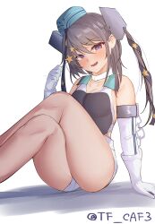 Rule 34 | 1girl, absurdres, aqua hat, black one-piece swimsuit, black ribbon, competition swimsuit, garrison cap, gloves, grey eyes, grey hair, hair ornament, hat, highres, kantai collection, long hair, multicolored clothes, multicolored swimsuit, one-hour drawing challenge, one-piece swimsuit, ribbon, scamp (kancolle), short shorts, shorts, side ponytail, simple background, sitting, solo, star (symbol), star hair ornament, swimsuit, tf cafe, two-tone one-piece swimsuit, white background, white gloves, white shorts