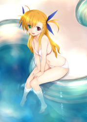 Rule 34 | 00s, 1girl, :d, barefoot, bikini, blonde hair, breasts, cleavage, hair ribbon, hands on thighs, heterochromia, knees together feet apart, long hair, looking at viewer, lyrical nanoha, mahou shoujo lyrical nanoha, mahou shoujo lyrical nanoha strikers, mikazuki akira!, navel, aged up, open mouth, pigeon-toed, pool, poolside, ribbon, sitting, small breasts, smile, soaking feet, solo, swimsuit, twintails, two side up, v arms, vivio, water, white bikini