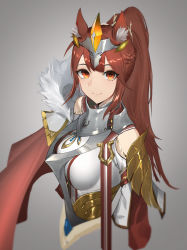 Rule 34 | 1girl, animal ear fluff, animal ears, anming, armor, braid, breasts, brown hair, capelet, clothing cutout, fur trim, grey background, headpiece, highres, long hair, looking at viewer, medium breasts, orange eyes, original, ponytail, red capelet, shirt, shoulder cutout, shoulder guard, sidelocks, simple background, smile, solo, upper body, white shirt