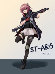 Rule 34 | 1girl, ar-15, armor, artist name, asymmetrical legwear, black footwear, black legwear, blue jacket, boots, character name, closed mouth, dress, full body, girls&#039; frontline, gloves, gun, headphones, headphones around neck, highres, holding, holding gun, holding weapon, jacket, knee pads, long hair, looking away, open clothes, open jacket, pink eyes, pink hair, red gloves, rifle, serious, simple background, solo, st ar-15 (girls&#039; frontline), standing, super hellrat, weapon, weapon on back, white dress
