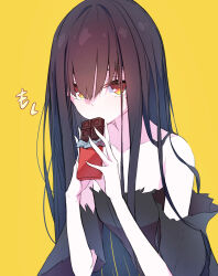 Rule 34 | 1girl, bare shoulders, black dress, black hair, candy, chocolate, chocolate bar, collarbone, detached sleeves, dress, food, highres, holding, holding food, long hair, looking at viewer, mosui (kori can), orange eyes, original, short sleeves, simple background, solo, strapless, strapless dress, translation request, upper body, very long hair, yellow background