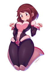 Rule 34 | 1girl, artist name, belt, blush stickers, bodysuit, boku no hero academia, boots, breasts, brown eyes, brown hair, covered navel, curvy, eyelashes, full body, highres, impossible bodysuit, impossible clothes, jumping, knees together feet apart, large breasts, liyart, looking down, midair, narrow waist, short hair, sidelocks, simple background, smile, solo, thick thighs, thighs, uraraka ochako, white background, wide hips