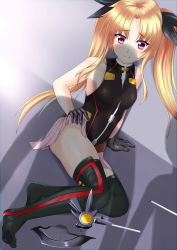 Rule 34 | 1girl, absurdres, armpit peek, artist request, bardiche (bullova form) (nanoha), bardiche (nanoha), bare shoulders, black gloves, black leotard, black thighhighs, blonde hair, blush, breasts, closed mouth, fate testarossa, fate testarossa (lightning form) (2nd), gloves, hair ornament, hair ribbon, highres, leotard, long hair, looking at viewer, lyrical nanoha, magical girl, mahou shoujo lyrical nanoha, mahou shoujo lyrical nanoha a&#039;s, microskirt, on floor, pink skirt, red eyes, ribbon, shadow, skirt, small breasts, thighhighs, twintails