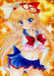 Rule 34 | 1girl, :d, aino minako, back bow, bishoujo senshi sailor moon, blonde hair, blue bow, blue eyes, blue sailor collar, blue skirt, blush, bow, bowtie, bra, breasts, cameltoe, choker, collarbone, cowboy shot, crescent, crescent facial mark, earrings, elbow gloves, facial mark, floating hair, gloves, gluteal fold, hair between eyes, holding, holding removed eyewear, jewelry, long hair, looking at viewer, medium breasts, microskirt, midriff, navel, open mouth, panties, pleated skirt, red bow, red bowtie, sailor collar, sailor v, sample watermark, sideboob, skirt, smile, solo, standing, stomach, traditional media, transparent, underboob, underwear, unworn eyewear, very long hair, wakaba0801, watermark, white bra, white gloves, white panties