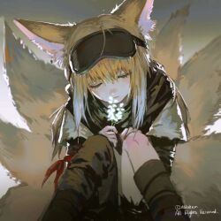 Rule 34 | 1girl, animal ears, arknights, artist name, black scarf, black shorts, black sleeves, blonde hair, brandybuck, closed eyes, closed mouth, expressionless, facing viewer, feet out of frame, flower, fox ears, fox girl, fox tail, goggles, goggles on head, grey shirt, highres, holding, holding flower, knees up, lily of the valley, long hair, multiple tails, name connection, object namesake, scarf, shirt, shorts, sidelocks, sitting, solo, suzuran (arknights), suzuran (lostlands flowering) (arknights), tail, torn clothes, torn shorts