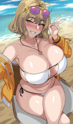 Rule 34 | 1girl, anis (nikke), anis (sparkling summer) (nikke), bare shoulders, beach, bikini, blue sky, blush, breasts, cleavage, collarbone, eyepatch bikini, eyewear on head, goddess of victory: nikke, grin, hella p, highres, jacket, jewelry, large breasts, light brown hair, long sleeves, looking at viewer, navel, necklace, off shoulder, official alternate costume, open clothes, open jacket, shore, short hair, sky, smile, solo, sunglasses, swimsuit, v, white bikini, yellow eyes, yellow jacket