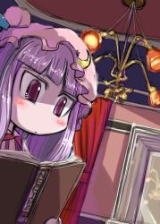 Rule 34 | 1girl, blue ribbon, blush, book, crescent, crescent hair ornament, dress, female focus, hair ornament, hat, indoors, lamp, long hair, mob cap, open book, patchouli knowledge, purple eyes, purple hair, reading, ribbon, solo, striped clothes, striped dress, tao, tao (kadoya), touhou, vertical stripes