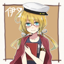 Rule 34 | 10s, 1girl, annin musou, bad id, bad pixiv id, blonde hair, blue eyes, book, glasses, green eyes, hat, i-8 (kancolle), jacket, jacket on shoulders, kantai collection, long hair, one-piece swimsuit, peaked cap, school swimsuit, solo, swimsuit, twintails
