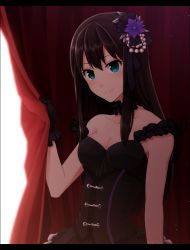 Rule 34 | 10s, 1girl, bare shoulders, breasts, brown hair, choker, cleavage, collarbone, curtain grab, curtains, dress, flower, gloves, green eyes, hair flower, hair ornament, idolmaster, idolmaster cinderella girls, letterboxed, nakamura hiro (nobody10ch), shibuya rin, small breasts, smile, solo