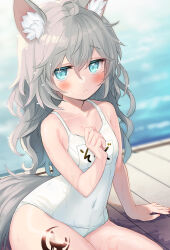 Rule 34 | 1girl, animal ear fluff, animal ears, arm support, bare arms, bare shoulders, blue eyes, blurry, blurry background, breasts, collarbone, commentary request, covered navel, depth of field, grey hair, hair between eyes, hand up, highres, long hair, looking at viewer, minamura haruki, name tag, old school swimsuit, one-piece swimsuit, original, school swimsuit, small breasts, swimsuit, tail, very long hair, water, wet, wet hair, white one-piece swimsuit, wolf ears, wolf girl, wolf tail