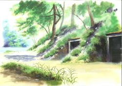 Rule 34 | anchoku 0621, calligraphy brush, calligraphy brush (medium), commentary request, day, forest, grass, highres, nature, no humans, original, outdoors, paintbrush, painting (medium), river, traditional media, tree, watercolor (medium)
